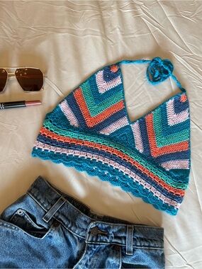 fashion nova Handmade Multicolor Crochet Cropped Halter Top